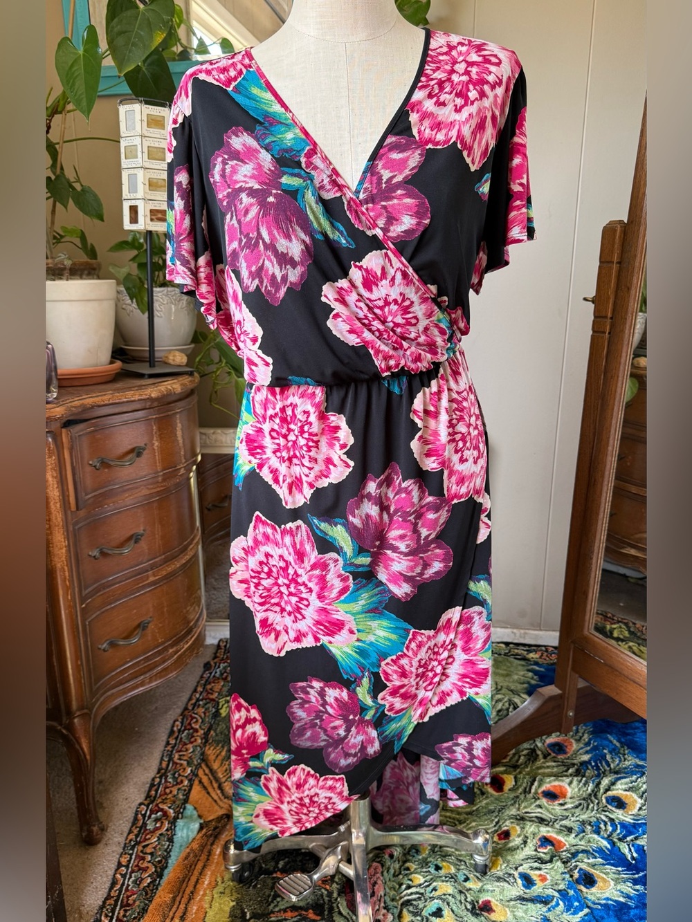 Elie McCarthy Plus Size Dress Women 1X Black Pink Floral HI Low Stretch
